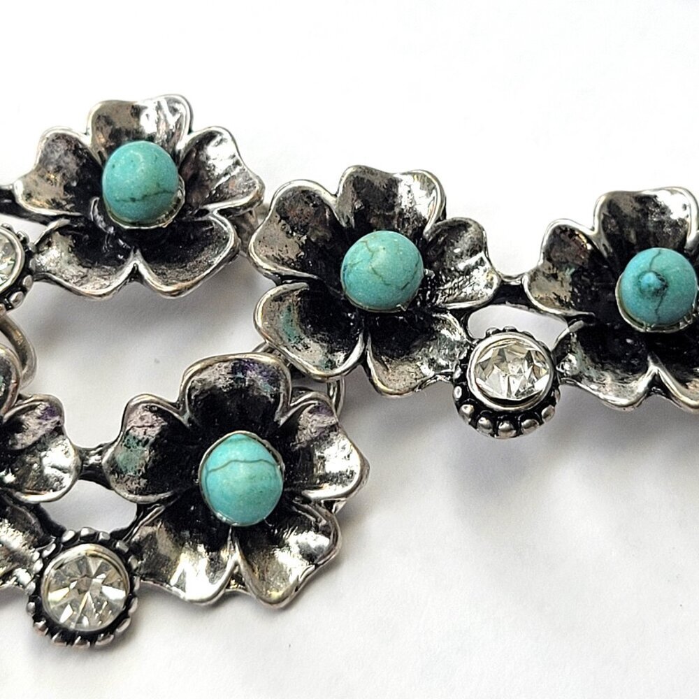 Silver Turquoise Rhinestone Flower Bib Necklace - Picture 6 of 16